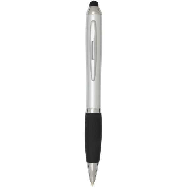 Nash RCS balpen met stylus van gerecycled plastic met gekleurde behuizing en zwarte grip (blauwe inkt) - Zilver Nash RCS balpen met stylus van gerecycled plastic met gekleurde behuizing en zwarte grip (blauwe inkt) - Zilver