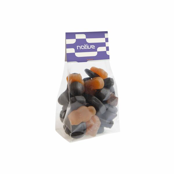 Blokzakje met kopkaartje en 150 gram snoep, Transparant/Wit, Gemengd Drop Blokzakje met kopkaartje en 150 gram snoep, Transparant/Wit, Gemengd Drop