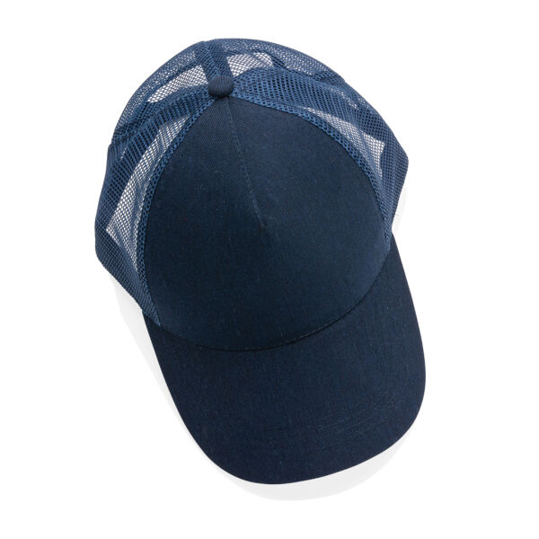 Impact AWARE™ 5 panel recycled katoenen truckercap, donkerblauw Impact AWARE™ 5 panel recycled katoenen truckercap, donkerblauw