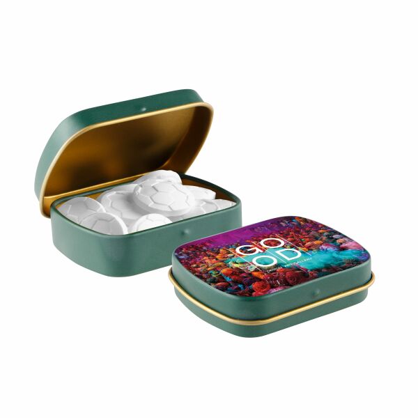 Mini scharnierblikje met vorm pepermunt Mat groen/goud Voetbal Mini scharnierblikje met vorm pepermunt Mat groen/goud Voetbal