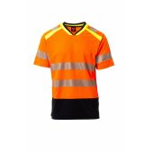 fluorescent orange/navy blue