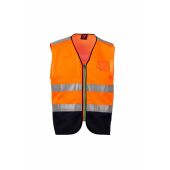 fluorescent orange/navy blue