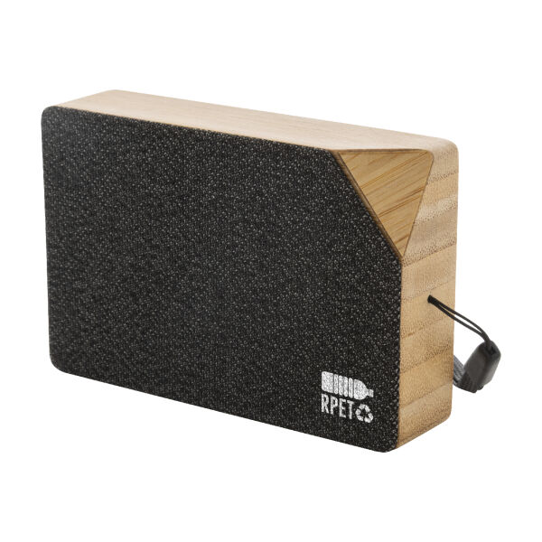 SolBeat draadloze luidspreker op zonne- energie van bamboe met RPET-polyestergaas 98 x 62 x 23 mm bedrukken of graveren