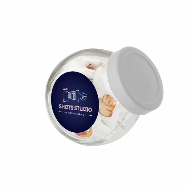 Mini glazen potje 0,2 liter, gevuld met snoep Wit Emoji fruit Mini glazen potje 0,2 liter, gevuld met snoep Wit Emoji fruit