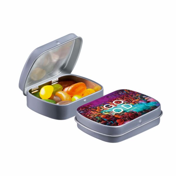 Mini scharnierblikje met snoep Grijs Jelly beans Mini scharnierblikje met snoep Grijs Jelly beans