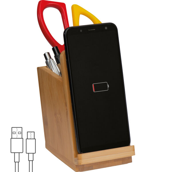 Pennehouder van bamboe met wireless charger
