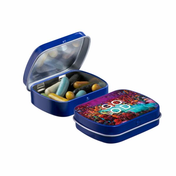 Mini scharnierblikje met snoep Blauw Dropstaafjes mix Mini scharnierblikje met snoep Blauw Dropstaafjes mix