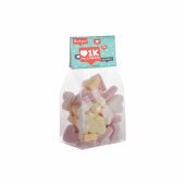 Blokzakje met kopkaartje en 100 gram snoep Transparant/Wit Vruchtenhartjes