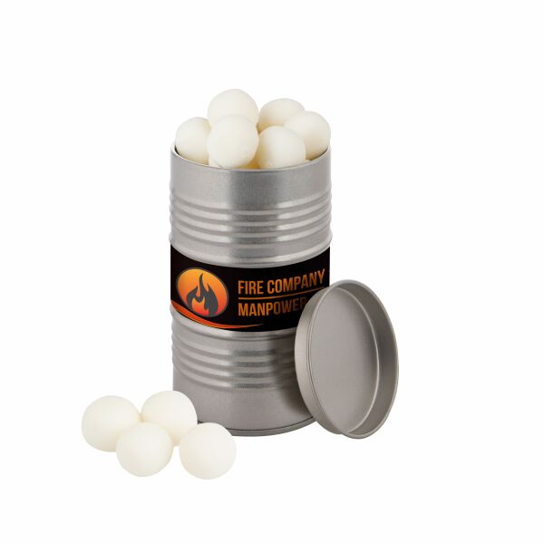 Olievat blikje, gevuld met snoep Zilver KING pepermunt ballen Olievat blikje, gevuld met snoep Zilver KING pepermunt ballen