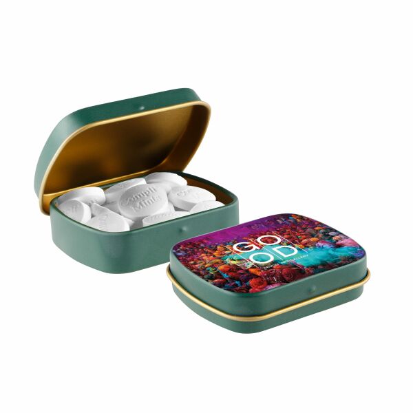 Mini scharnierblikje met vorm pepermunt Mat groen/goud Compli'mints Mini scharnierblikje met vorm pepermunt Mat groen/goud Compli'mints