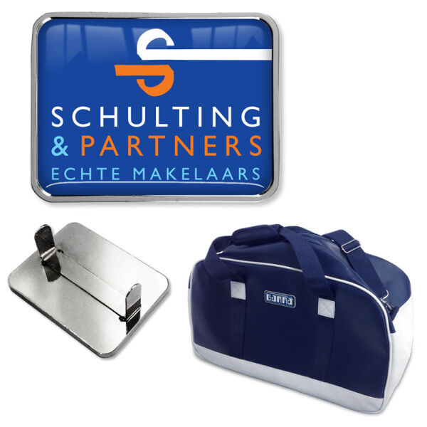 Metalen badge 40 x 30 mm met fc bedrukking voor op tas