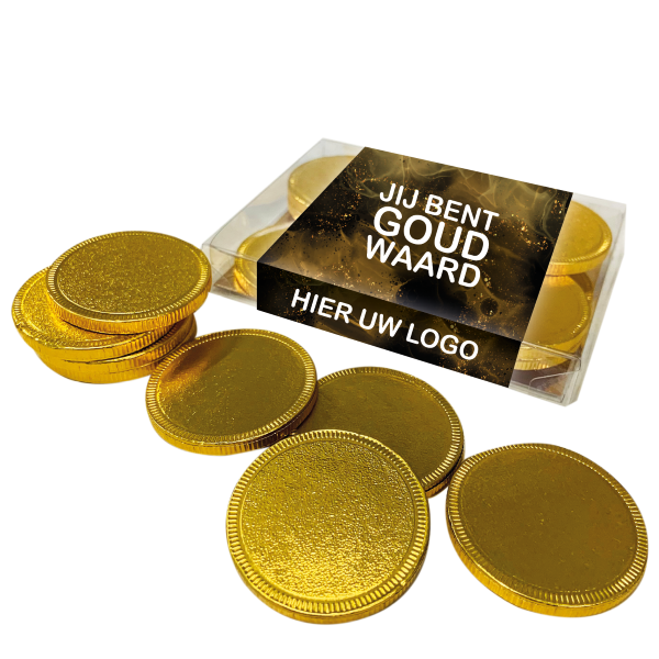 Doosje met 10 chocolade munten inlclusief banderol Doosje met 10 chocolade munten inlclusief banderol