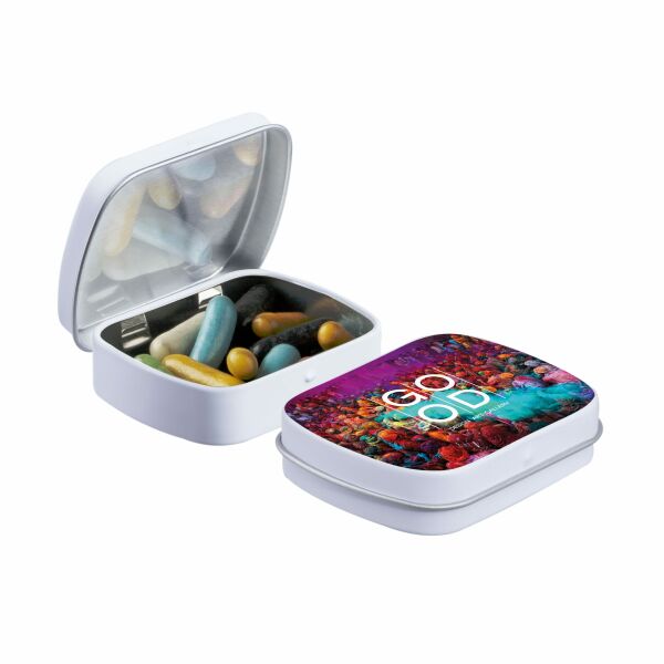 Mini scharnierblikje met snoep Wit Dropstaafjes mix Mini scharnierblikje met snoep Wit Dropstaafjes mix