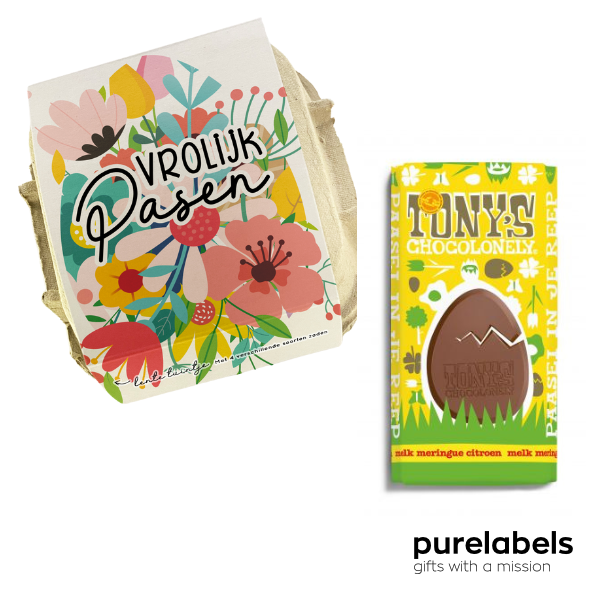 Paasgeschenk personeel | Lente tuintjes in potje en Tony's Chocolonely paasreep