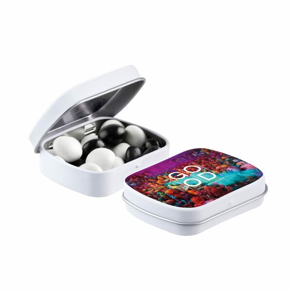 Mini scharnierblikje met snoep Mat Wit Zwart-wit dragees Mini scharnierblikje met snoep Mat Wit Zwart-wit dragees