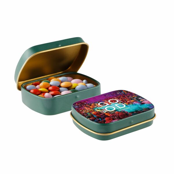 Mini scharnierblikje met snoep Mat Groen/Goud Mini choco Mini scharnierblikje met snoep Mat Groen/Goud Mini choco