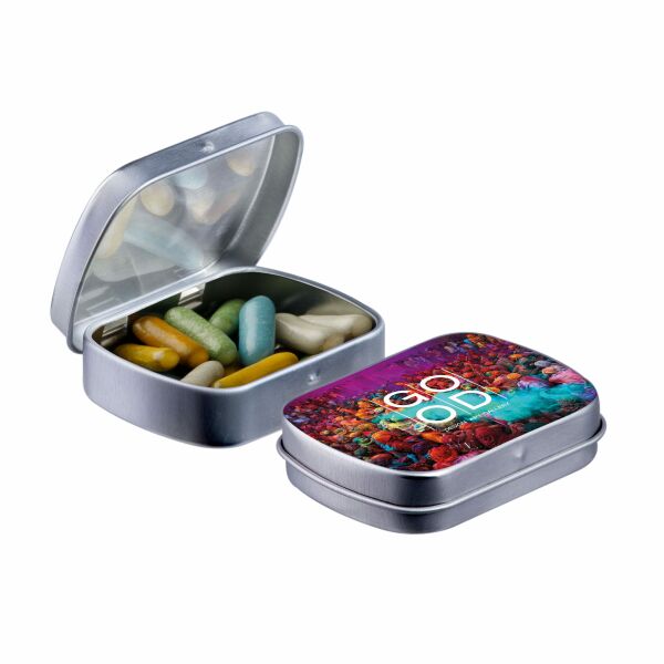 Mini scharnierblikje met snoep Zilver Dropstaafjes mix Mini scharnierblikje met snoep Zilver Dropstaafjes mix