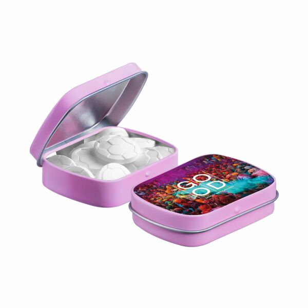 Mini scharnierblikje met vorm pepermunt Roze Voetbal Mini scharnierblikje met vorm pepermunt Roze Voetbal