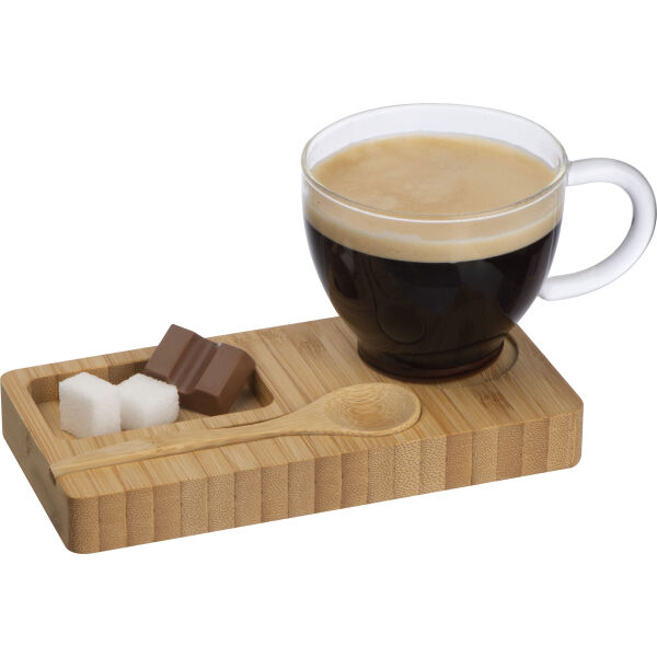 Koffie / Thee setje met een bamboe serveerplankje en bamboe lepel Koffie / Thee setje met een bamboe serveerplankje en bamboe lepel