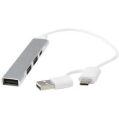 Alkaid 4 poorts USB-A en Type-C hub van gerecycled aluminium met dubbele ingang - Zilver