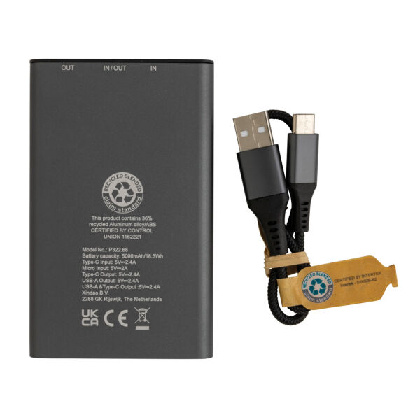 Terra RCS gerecyclede aluminium powerbank 5.000 mAh, grijs Terra RCS gerecyclede aluminium powerbank 5.000 mAh, grijs