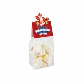 Blokzakje met kopkaartje in eigen vorm en 100 gram snoep, Transparant/Wit, Sintschuim