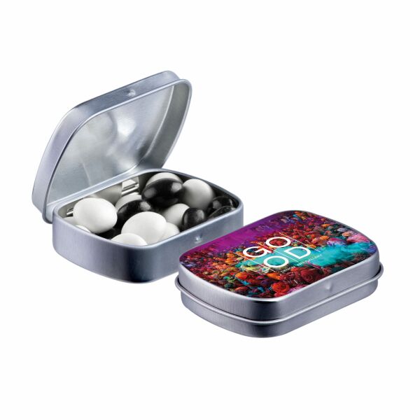 Mini scharnierblikje met snoep Zilver Zwart-wit dragees Mini scharnierblikje met snoep Zilver Zwart-wit dragees