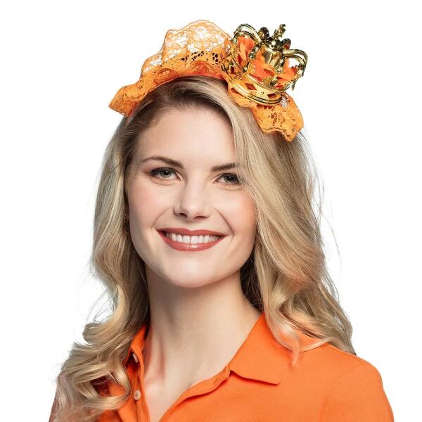 Oranje tiara kroon hoedje model Pearlette