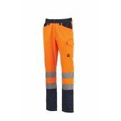 fluorescent orange/navy blue