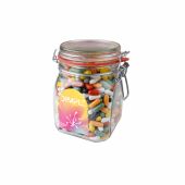 Weckpot 0,9 liter, gevuld met snoep, Transparant, Dropstaafjes mix