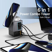 Urban Vitamin Sacramento 105W GaN lader, uittrekbare kabels, grijs, zwart