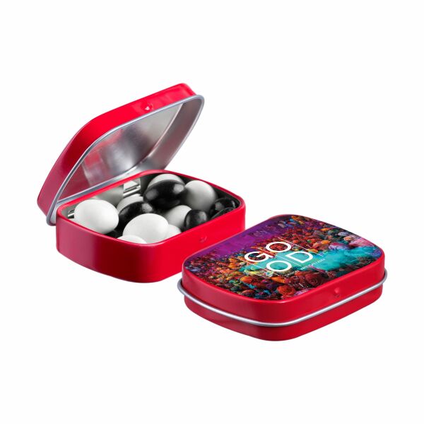 Mini scharnierblikje met snoep Rood Zwart-wit dragees Mini scharnierblikje met snoep Rood Zwart-wit dragees