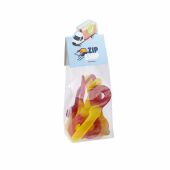 Blokzakje met kopkaartje in eigen vorm en 100 gram snoep, Transparant/Wit, Fruitsleutels