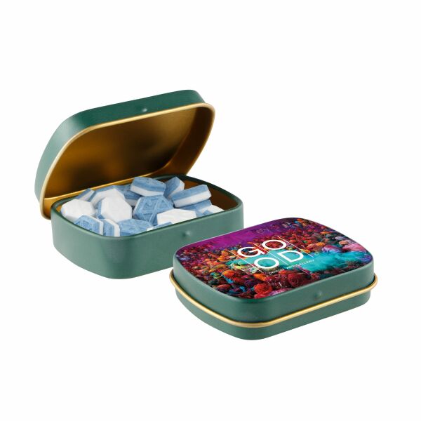 Mini scharnierblikje gevuld met pepermunt Mat Groen/Goud Sportlife mints Mini scharnierblikje gevuld met pepermunt Mat Groen/Goud Sportlife mints