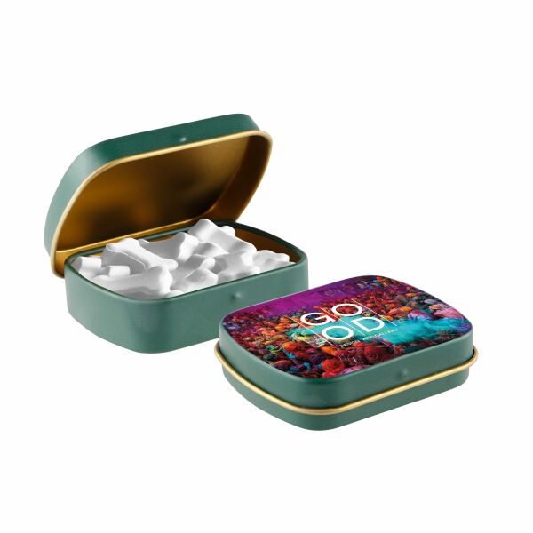 Mini scharnierblikje met vorm pepermunt Mat groen/goud Botjes druivensuiker mints Mini scharnierblikje met vorm pepermunt Mat groen/goud Botjes druivensuiker mints