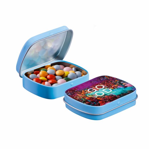 Mini scharnierblikje met snoep Lichtblauw Mini choco Mini scharnierblikje met snoep Lichtblauw Mini choco