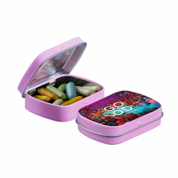 Mini scharnierblikje met snoep Roze Dropstaafjes mix Mini scharnierblikje met snoep Roze Dropstaafjes mix