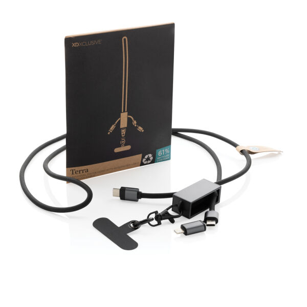 Terra RCS gerecycled PET telefoon lanyard 60W oplaadkabel, grijs, zwart Terra RCS gerecycled PET telefoon lanyard 60W oplaadkabel, grijs, zwart