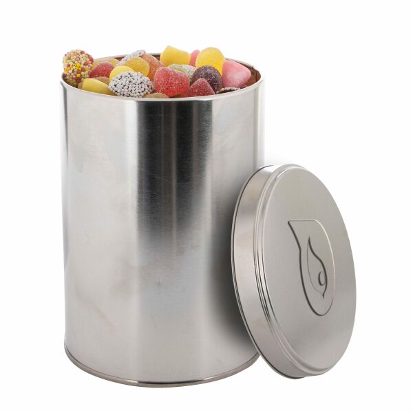 Groot blik met embossing en gevuld met snoep