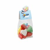 Blokzakje met kopkaartje in eigen vorm en 100 gram snoep, Transparant/Wit, Fruitharten