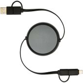 Alasia 5-in-1 100 cm intrekbare datasynchronisatie- en 45 W snellaadkabel van gerecycled plastic en aluminium - Zwart