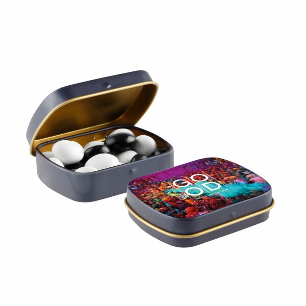 Mini scharnierblikje met snoep Mat Donkerblauw/Goud Zwart-wit dragees Mini scharnierblikje met snoep Mat Donkerblauw/Goud Zwart-wit dragees