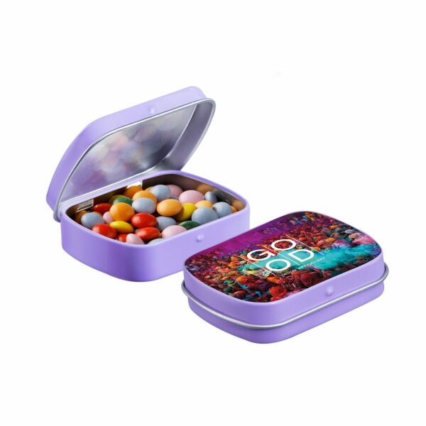 Mini scharnierblikje met snoep Lila Mini choco Mini scharnierblikje met snoep Lila Mini choco
