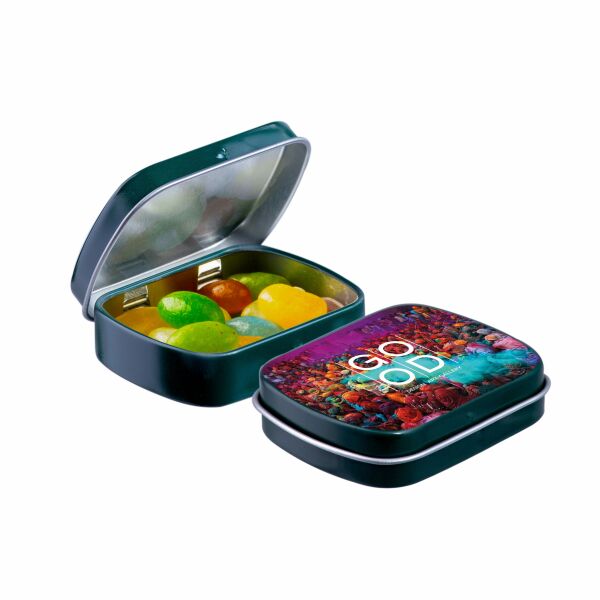 Mini scharnierblikje met snoep Donkergroen Jelly beans Mini scharnierblikje met snoep Donkergroen Jelly beans