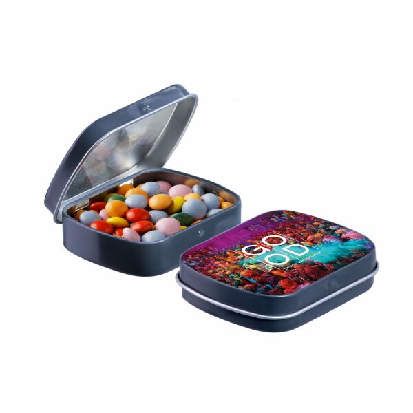 Mini scharnierblikje met snoep Donkergrijs Mini choco Mini scharnierblikje met snoep Donkergrijs Mini choco