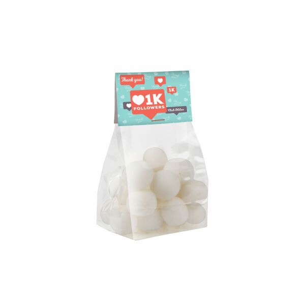 Blokzakje met kopkaartje en 100 gram snoep Transparant/Wit KING pepermunt ballen Blokzakje met kopkaartje en 100 gram snoep Transparant/Wit KING pepermunt ballen