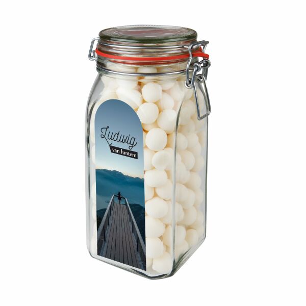 Weckpot 1,5 liter, gevuld met snoep Transparant KING pepermunt ballen Weckpot 1,5 liter, gevuld met snoep Transparant KING pepermunt ballen