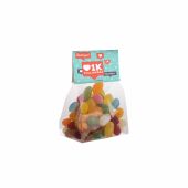 Blokzakje met kopkaartje en 100 gram snoep Transparant/Wit Jelly beans