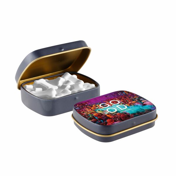 Mini scharnierblikje met vorm pepermunt Mat blauw/goud Botjes druivensuiker mints Mini scharnierblikje met vorm pepermunt Mat blauw/goud Botjes druivensuiker mints