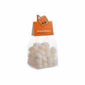 Blokzakje met kopkaartje in eigen vorm en 150 gram snoep, Transparant/Wit, Mentos mint